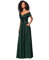 Xscape Women's Off-The-Shoulder Shimmer Wrap Style Gown