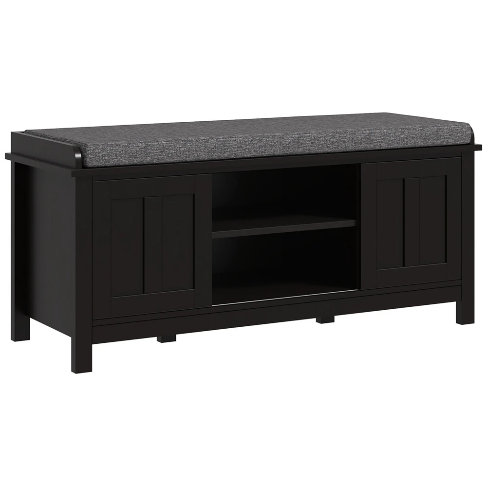 Entryway Shoe Bench Storage Ottoman with Sliding Doors, Adjustable Shelving, 6 Compartments, and Padded Seat, Holds 10 Pairs, Black