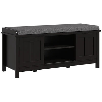 Entryway Shoe Bench Storage Ottoman with Sliding Doors, Adjustable Shelving, 6 Compartments, and Padded Seat, Holds 10 Pairs, Black