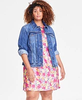 On 34th Trendy Plus Size Classic Denim Trucker Jacket Floral Print Mini Dress Created For Macys