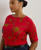 Lauren Ralph Plus Belting-Print Elbow-Sleeve Tee