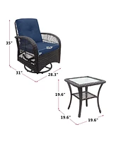3 Pieces Conversation Set, Outdoor Wicker Rocker Swivel Patio Bistro Set, Rocking Chair with Glass Top Side Table, Navy Blue