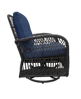 Simplie Fun 3 Pieces Conversation Set, Outdoor Wicker Rocker Swivel Patio Bistro Set, Rocking Chair with Glass Top Side Table, Navy Blue