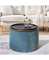 2-Piece Set Round Chenille Storage Ottoman, Equipped with a Drum Shaped Small Stool, Storage Space