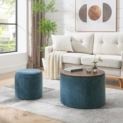 Streamdale Furniture 2-Piece Set Round Chenille Storage Ottoman, Equipped with a Drum Shaped Small Stool, Storage Space