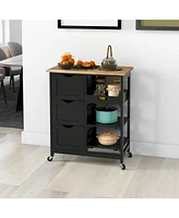 Rolling Kitchen Island Cart, Bar Serving Cart, Compact Trolley on Wheels with Wood Top, Shelves & Drawers for Home Dining Area, Black