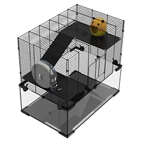 Hamster Cage, 23.5" Gerbil Cage with Glass Basin, Ramps, Platforms, Hut, Exercise Wheel, for Small Hamsters, Black