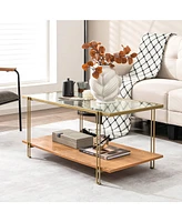 Gymax Coffee Table Rectangle Glass Top w/ Storage Shelf & Gold Steel Frame Living Room