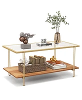 Gymax Coffee Table Rectangle Glass Top w/ Storage Shelf & Gold Steel Frame Living Room