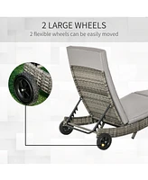 Chaise Lounge Pool Chair, Outdoor Pe Rattan Cushioned Patio Sun Lounger w/ 5-Level Adjustable Backrest & Wheels for Easy Movement, Wicker, Gray