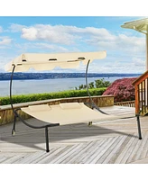 Patio Double Chaise Lounge Chair, Outdoor Wheeled Hammock Daybed with Adjustable Canopy and Pillow for Sun Room, Garden, or Poolside, Beige