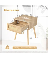 Gymax 2 Pcs Nightstand Bedside Sofa Table with Rattan Drawer for Bedroom & Living Room