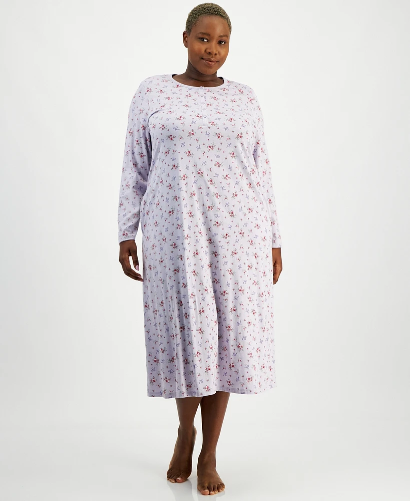 Charter Club Plus Cotton Floral Long-Sleeve Nightgown, Exclusively at Macy's