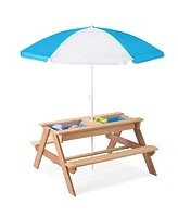 3-in-1 Kids Outdoor Wooden Picnic Table With Umbrella, Convertible Sand & Wate, Gray Astm & Cpsia Certification