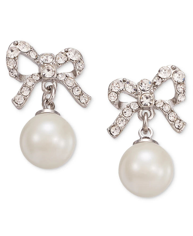 Charter Club Silver-Tone Pave Bow & Imitation Pearl Drop Earrings, Created for Macy's