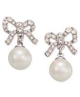 Charter Club Silver-Tone Pave Bow & Imitation Pearl Drop Earrings, Created for Macy's