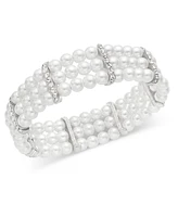 Charter Club Silver-Tone Pave & Imitation Pearl Triple-Row Stretch Bracelet, Created for Macy's