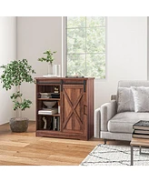 Farmhouse Coffee Bar Cabinet, 33" Buffet Sideboard with Sliding Barn Door and Adjustable Shelf, Kitchen Buffet Cabinet, Brown