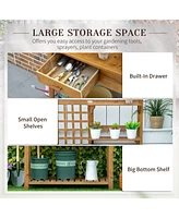 Potting Bench Table, Garden Work Bench, Outdoor Wooden Workstation with Tiers of Shelves and Drawer for Patio, Courtyards, Balcony, Brown