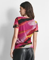 Dkny Women's Printed-Mesh V-Neck Top