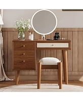 39" Retro Bohemian Style Wooden Makeup Vanity Set with Charging Plug&Usb Port and Stool, Dressing Table with 3 Storage Drawers and 1 Rectangular