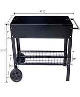 Products Elevated Mobile Raised Ergonomic Metal Planter Garden Bed for Backyard, Patio w/Wheels, Lower Shelf, black