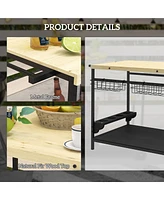 Outdoor Bar Cart, Patio Rolling Serving Cart with Wheels, Side Handle, 2 Baskets, 4 Wine Holders for Garden, Dining Room, Natural