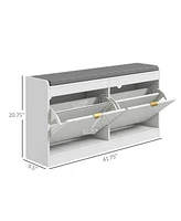 Shoe Bench, Entryway Bench with 2 Flip Drawers, Seating Cushion, and 2 Vents for 8 Pairs of Shoes for Hallway, White