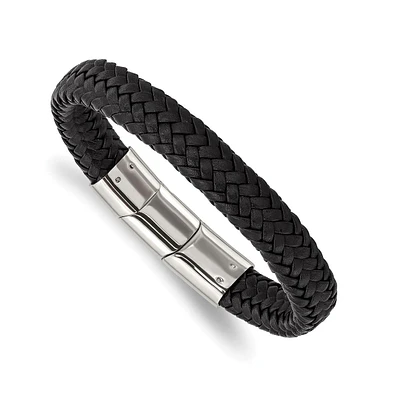 Chisel Stainless Steel Black Braided Leather Bracelet with Extension