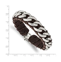 Chisel Stainless Steel Brushed Textured Curb Chain Leather Bracelet