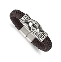 Chisel Stainless Steel Antiqued Dark Brown Braided Leather Bracelet