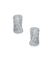 Bling Jewelry Criss Cross Twisted Pave Dome Hoop Clip On Earrings Silver Plated