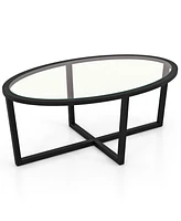 Gymax Modern Glass Coffee Table w/ Cross Base & Acacia Wood Legs for Small Spaces