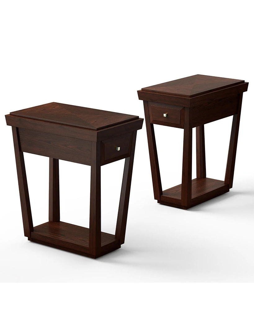 Gymax 2PCS Nightstand w/ Drawer Shelf End Side Table Rubber Wood Classic Espresso