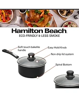 Hamilton Beach Nonstick Covered Sauce Pan 3-Qt - Black Aluminum Saucepan with Soft Touch Bakelite Handle & Glass Lid - Flared Edge