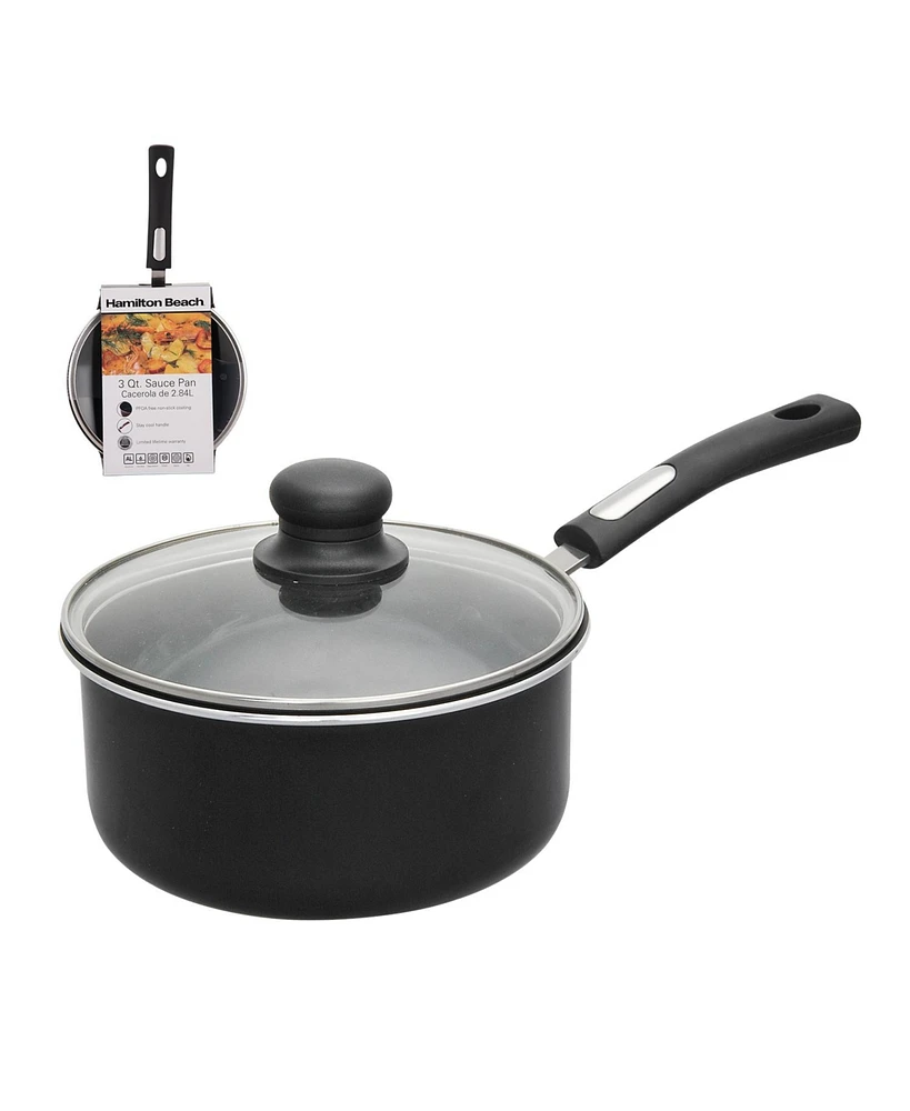 Hamilton Beach Nonstick Covered Sauce Pan 3-Qt - Black Aluminum Saucepan with Soft Touch Bakelite Handle & Glass Lid - Flared Edge