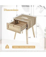 Gymax Nightstand Bedside End Sofa Table with Rattan Drawer for Bedroom & Living Room