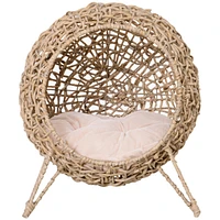 20.5" Weaved Cat Bed, Elevated Hand-woven Braided Banana Leaf Kitten House Condo with Cushion, Beige