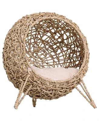 20.5" Weaved Cat Bed, Elevated Hand-woven Braided Banana Leaf Kitten House Condo with Cushion, Beige