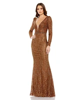 Mac Duggal Women's Embellished Long Sleeve Plunge Trumpet Gown