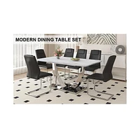 Streamdale Furniture Table and chair set. Large modern rectangular table with white textured top and silver metal legs. Soft and comfortable Pu seats,