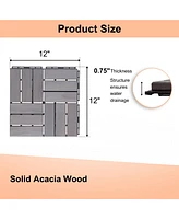 30 Pcs Interlocking Deck Tiles Checker Pattern, 12" x 12" Square Light Gray Acacia Hardwood Outdoor Flooring for Patio, Bancony, Pool Side,.