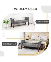 Streamdale Furniture End of Bed Bench with Button Tufted Design, Upholstered Bedroom Entryway Bench with Arms and Solid Wood Legs for Bedroom, Dark Gr