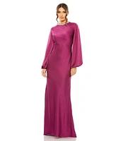 Mac Duggal Women's Ieena Satin Long Blouson Sleeve Evening Gown