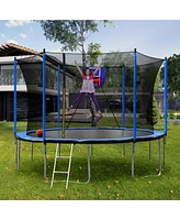 Streamdale Furniture 15FT Trampoline with Basketball Hoop Inflator and Ladder, 6pcs extra safety net pole sleeves- Blue