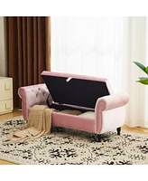 Velvet Multifunctional Storage Rectangular ottoman bench with 1 Pillow, Beige