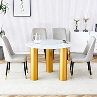Table and chair set, round table with white marble pattern, gold Mdf table legs, soft and comfortable dining chair, suitable for kitchen and living ro