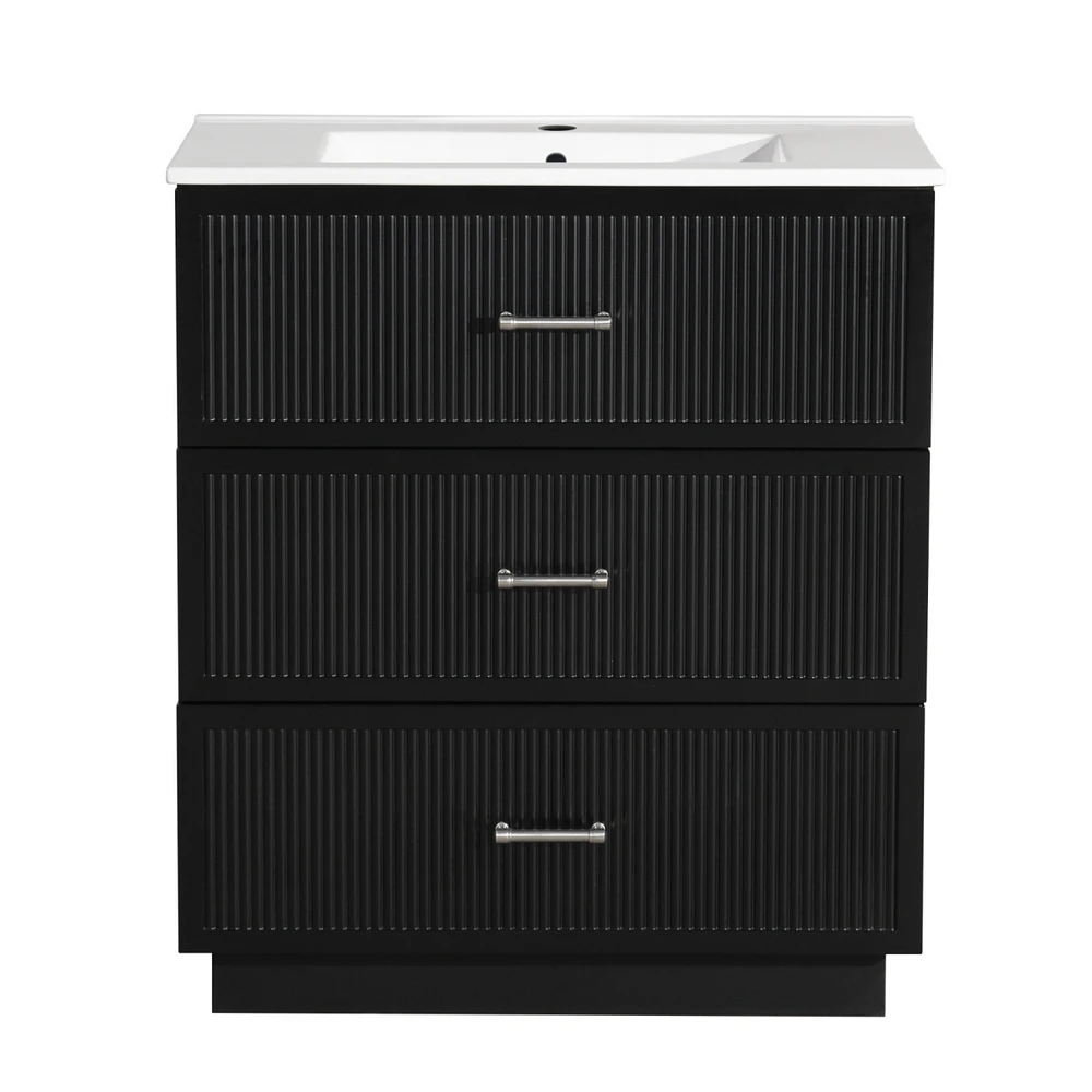 30 Inch Bathroom Vanity with Ceramic Sink Combo Set, Modern Freestanding Bathroom Storage Cabinet with 2 Drawers, Floor Standing Bath Vanity, Black