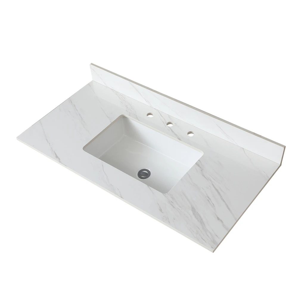 43 Inch Marble Vanity Top, White Vanity Top with Pre-drilled Faucet Holes, Bathroom Vanity Top with Undermount Rectangular Middle Sink and 4" Hei