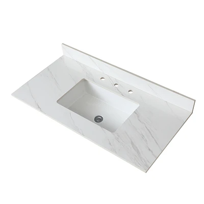 43 Inch Marble Vanity Top, White Vanity Top with Pre-drilled Faucet Holes, Bathroom Vanity Top with Undermount Rectangular Middle Sink and 4" Hei